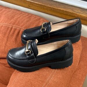 Princess Polly Black Flats with Gold Buckle